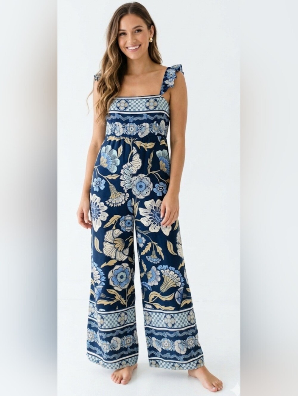 Free People Floral Wide-Leg Jumpsuit — Navy Blue,  Hidden Pockets Size L.